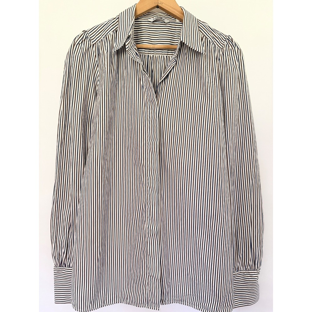 Caliban Italy Striped Button Down Shirt Navy Brown White Gathered‎ Shoulder 46